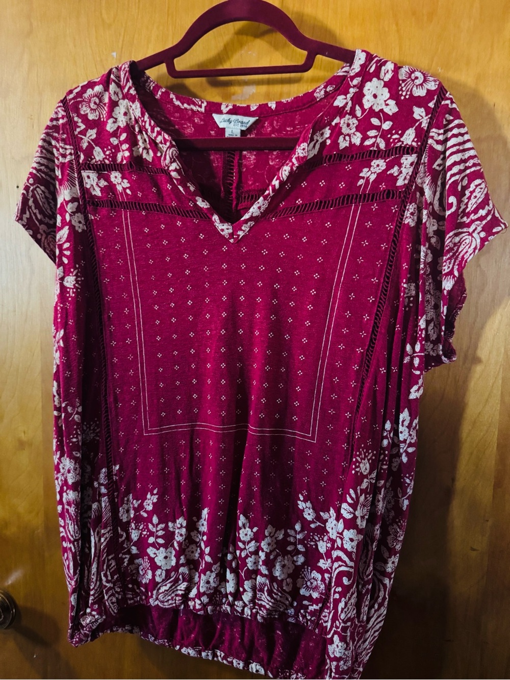 Lucky Brand Burgundy Floral Bandana V-Neck Tunic